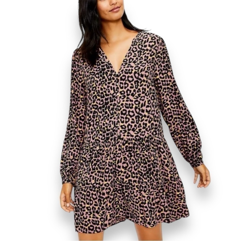 LOFT Brown Leopard Print Button Tiered Swing Dress - Medium